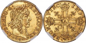Louis XIII gold 1/2 Louis d'Or 1641-A UNC Details (Bent) NGC, Paris mint, KM125, Fr-411. Reverse with star at the end of the legend variety. Highly lu...