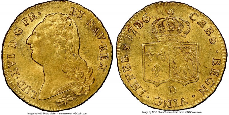 Louis XVI gold 2 Louis d'Or 1786-D MS62 NGC, Lyon mint, KM592.5. Near-choice and...