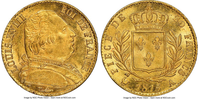 Louis XVIII gold 20 Francs 1815-A MS64 NGC, Paris mint, KM706.1. Rarely seen so ...