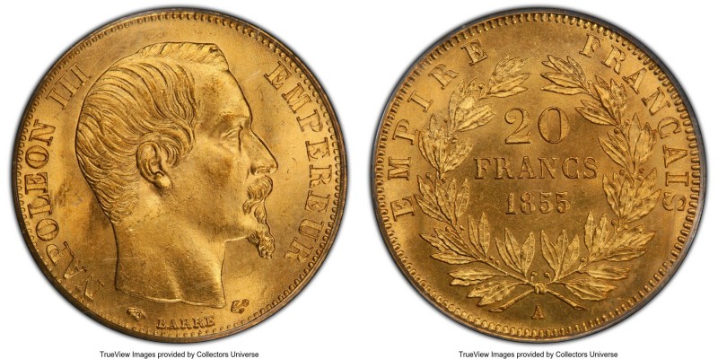 Napoleon III gold 20 Francs 1855-A MS65 PCGS, Paris mint, KM781.1. Waves of bril...