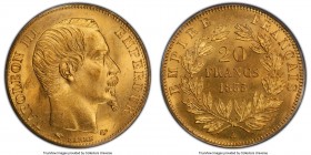 Napoleon III gold 20 Francs 1855-A MS65 PCGS, Paris mint, KM781.1. Waves of brilliance cascade across the surfaces of this precisely struck and sensit...