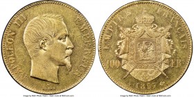 Napoleon III gold 100 Francs 1857-A AU58 NGC, Paris mint, KM786.1. The coin features a sunny, bright appearance with flashy luster in the fields, litt...
