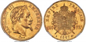 Napoleon III gold 100 Francs 1867-A MS60 NGC, Paris mint, KM802.1. Accompanied by a relatively small mintage of just 4,309 pieces and boasting a honey...