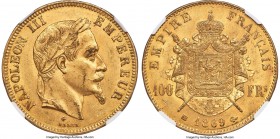 Napoleon III gold 100 Francs 1869-BB MS61 NGC, Strasbourg mint, KM802.2, Fr-551, Gad-1136. Mintage: 14,000. Subdued luster populates the recesses of t...