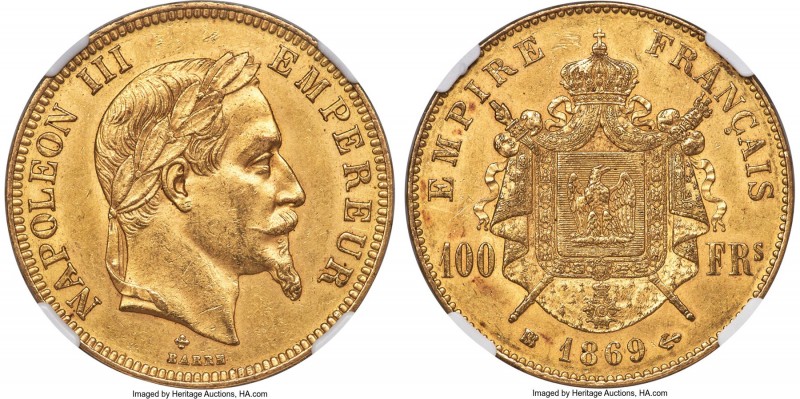 Napoleon III gold 100 Francs 1869-BB MS60 NGC, Strasbourg mint, KM802.2, Fr-551,...