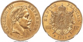 Napoleon III gold 100 Francs 1869-BB AU58 NGC, Strasbourg mint, KM802.2, Fr-551, Gad-1136. Mintage: 14,000. Borderline Mint State and displaying honey...