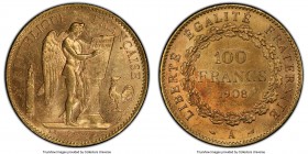 Republic gold 100 Francs 1908-A MS61 PCGS, Paris mint, KM858, Gad-1137a. Deep honeyed patination envelopes this fetching Mint State example. AGW 0.933...