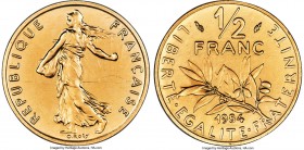 Republic gold Proof Piefort 1/2 Franc 1984 PR67 NGC, KM-P901. Mintage: 8. Struck in low relief, revealing the rising sun upon illumination. A pleasing...