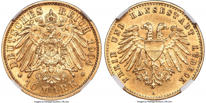 Lübeck. Free City gold 10 Mark 1904-A MS61 NGC, Berlin mint, KM211, J-227. Minta...