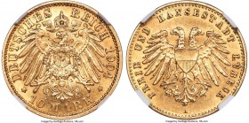 Lübeck. Free City gold 10 Mark 1904-A MS61 NGC, Berlin mint, KM211, J-227. Mintage: 10,000. A comparatively challenging post-unification gold type, wi...