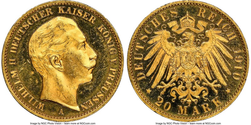 Prussia. Wilhelm II gold Proof 20 Mark 1910-A PR63 Ultra Cameo NGC, Berlin mint,...