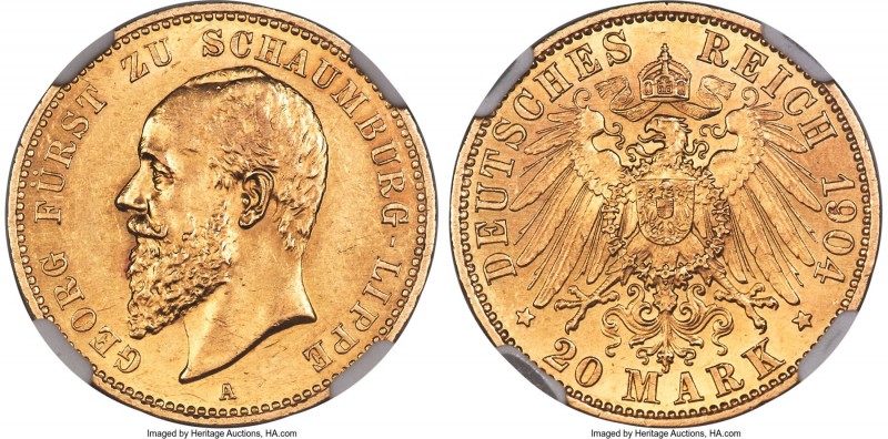 Schaumburg-Lippe. Albrecht Georg gold 20 Mark 1904-A AU58 NGC, Berlin mint, KM51...