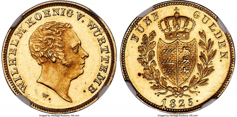 Württemberg. Wilhelm I gold 5 Gulden 1825-W MS63+ Prooflike NGC, Stuttgart mint,...