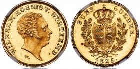 Württemberg. Wilhelm I gold 5 Gulden 1825-W MS63+ Prooflike NGC, Stuttgart mint, KM563, Fr-3613, D&S-229. Mintage: 5,956. A very carefully produced st...