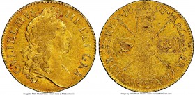 William III gold Guinea 1697 AU55 NGC, KM498.1, S-3460, Schneider-492-493, Farey-400 (ER). Second Bust. An extremely rare Guinea date, inaugurating Wi...