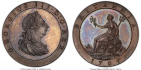 George III bronzed copper Proof Penny 1797-SOHO PR64+ PCGS, Soho mint, Peck-1118. Plain edge. A completely struck Proof representative featuring deep ...