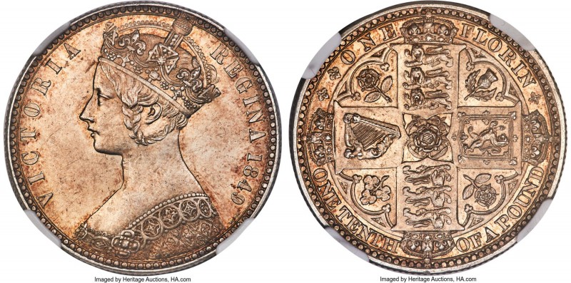 Victoria "Godless" Florin 1849 MS64 NGC, KM745, S-3890. Variety with WW. Only a ...