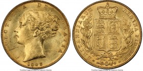 Victoria gold "Broad Shield" Sovereign 1843 MS64 PCGS, KM736.1, S-3852, Marsh-26. An incredible survivor for any Sovereign of Victoria's reign, let al...