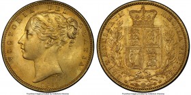 Victoria gold Sovereign 1851 MS65 PCGS, KM736.1, S-3852C. Ultra satiny and nearly undisturbed by handling over luminous surfaces tinged with airy silv...