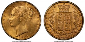 Victoria gold Sovereign 1863 MS63+ PCGS, KM736.1, S-3852D. Without die number, Arabic 1. Blessed with an abundance of satiny luster that careens over ...