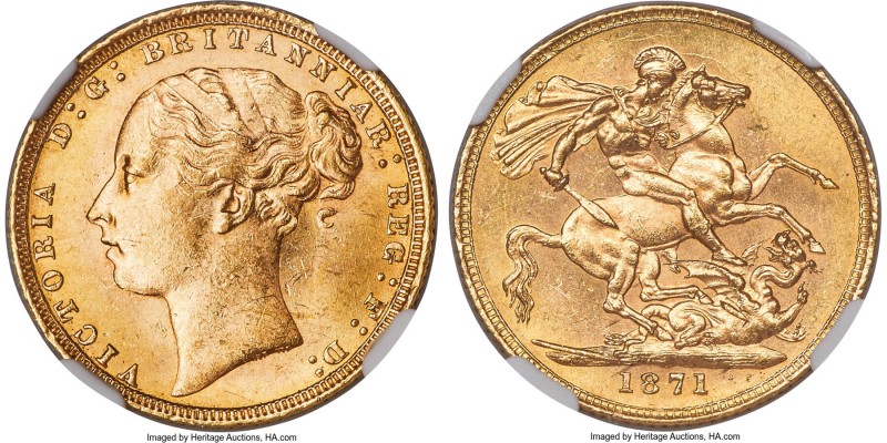 Victoria gold "St. George" Sovereign 1871 MS64 NGC, KM752, S-3856A. Long Tail, S...