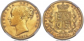 Victoria gold "Shield "Sovereign 1874 AU53 NGC, Royal mint, KM752, S-3853B, Marsh-58 (R4). Die #32. The last date of issue for the London shield and d...