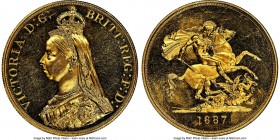 Victoria gold 5 Pounds 1887 MS62 Prooflike NGC, KM769, S-3864. Essentially Proof in its execution, a quick turn of the wrist revealing waves of mirror...