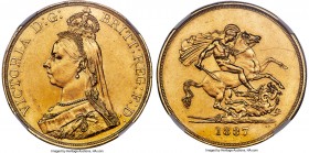 Victoria gold 5 Pounds 1887 MS61 NGC, KM769, S-3864. Lightly handled, though definitively executed, with a notable watery glow present over both sides...