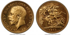 George V gold Proof 1/2 Sovereign 1911 PR65 Cameo PCGS, KM819, S-4006. Dressed in a fetching veil of champagne tone, the devices gently frosted and co...