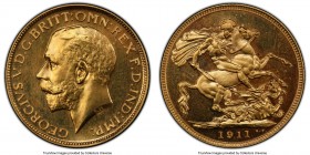George V gold Proof Sovereign 1911 PR65 PCGS, KM820, S-3996. A laudable gem ranked with fine die polish lines over its gleaming, barely touched surfac...