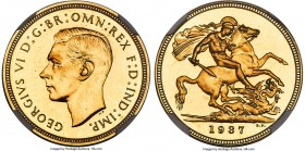 George VI gold Proof Sovereign 1937 PR63 NGC, KM859, S-4076. Besides some minor hairlines and a few small hits to the cheek, the piece exhibits near f...