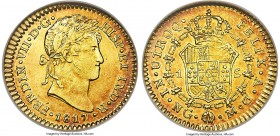 Ferdinand VII gold Escudo 1817 NG-M AU55 NGC, Nueva Guatemala mint, KM74, Fr-25, Cal-1495 (prev. Cal-278). A bright and appealing coin, lemon-gold cen...