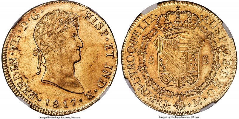 Ferdinand VII gold 8 Escudos 1817 NG-M AU55 NGC, Nueva Guatemala mint, KM71, Cal...