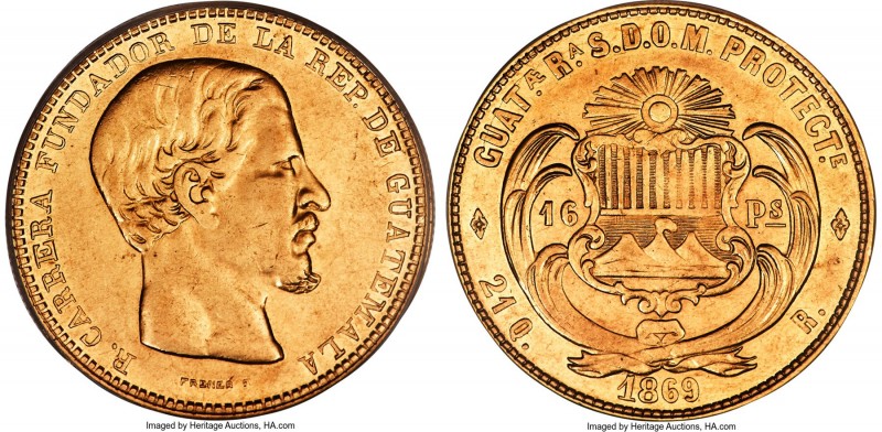 Republic gold 16 Pesos 1869-R AU53 PCGS, Guatemala mint, KM188, Fr-39. Mintage: ...