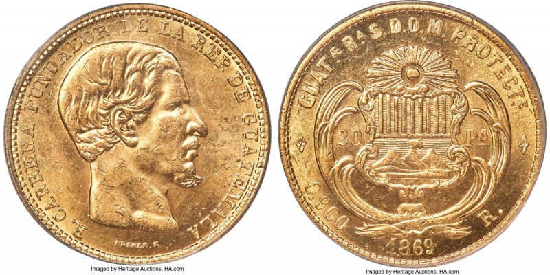 Republic gold 20 Pesos 1869-R MS62 PCGS, Guatemala mint, KM194, Fr-38. Mintage: ...