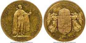 Franz Joseph I gold 100 Korona 1908-KB AU Details (Spot Removals) NGC, Kremnitz mint, KM491, Fr-249. Mintage: 4,038. Original striking. A type best kn...