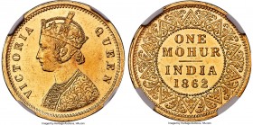 British India. Victoria gold Mohur 1862-(c) UNC Details (Cleaned) NGC, Calcutta mint, KM480, S&W-4.6. Type C Bust, Type I Reverse. Younger bust with 2...