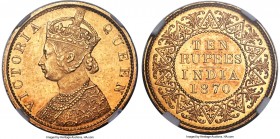 British India. Victoria gold 10 Rupees 1870-(c) MS61 NGC, Calcutta mint, KM479. Mintage: 7,932. A rare original striking of this highly coveted gold i...