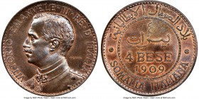 Italian Colony. Vittorio Emanuele III bronze Prova 4 Bese 1909-R MS66 Brown NGC, Rome mint, KM-Pr3, Pag-398 (R2). A quite elusive colonial Prova issue...