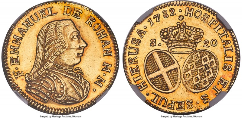 Emmanuel de Rohan gold 20 Scudi 1782 AU58 NGC, KM330. Dot before date variety. A...