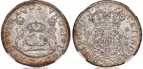 Philip V 4 Reales 1740 Mo-MF MS62 NGC, Mexico City mint, KM94, Cal-1123. Laden with frosted devices and semi-reflective fields, this near-choice speci...