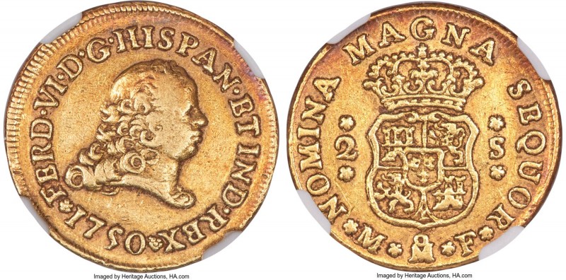 Ferdinand VI gold 2 Escudos 1750 Mo-MF XF40 NGC, Mexico City mint, KM126.1, Cal-...