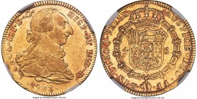 Charles III gold 4 Escudos 1781 Mo-FF AU58 NGC, Mexico City mint, KM142.2, Cal-1819 (prev. Cal-338). Bordering on Mint State preservation with only a ...
