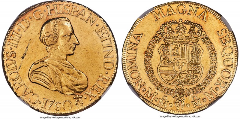 Charles III gold 8 Escudos 1760 Mo-MM AU Details (Obverse Scratched) NGC, Mexico...