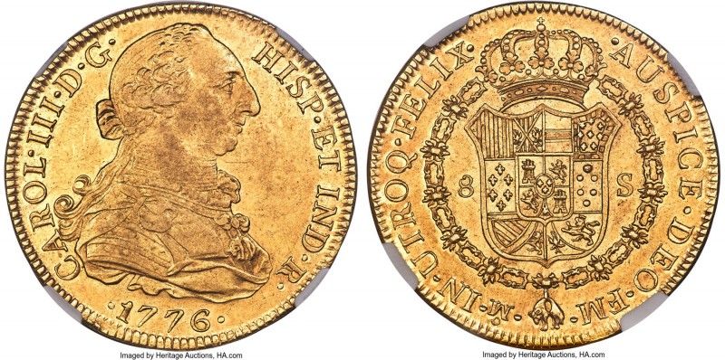 Charles III gold 8 Escudos 1776 Mo-FM AU58 NGC, Mexico City mint, KM156.2, Onza-...