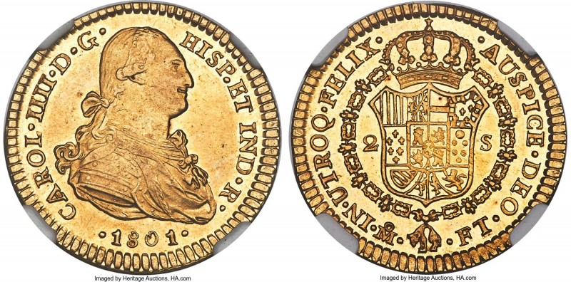 Charles IV gold 2 Escudos 1801 Mo-FT AU58 NGC, Mexico City mint, KM132, Cal-1335...