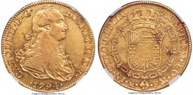 Charles IV gold 8 Escudos 1794 Mo-FM AU55 NGC, Mexico City mint, KM159, Cal-1633 (prev. Cal-43). A charming example of this popular type bordering on ...