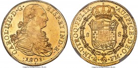 Charles IV gold 8 Escudos 1801 Mo-FM MS62 NGC, Mexico City mint, KM159, Cal-1643 (prev. Cal-53). A typically flat but satiny bust of Charles IV and cr...