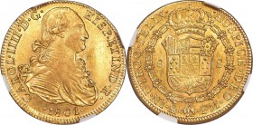 Charles IV gold 8 Escudos 1801 Mo-FM AU58 NGC, Mexico City mint, KM159, Cal-1643 (prev. Cal-53). A most enthralling specimen just borderline Mint Stat...