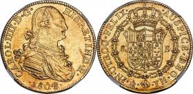 Charles IV gold 8 Escudos 1804/3 Mo-TH AU58 NGC, Mexico City mint, KM159, Cal-1647 (prev. Cal-58). The honeyed planchet, possessing strongly struck fe...
